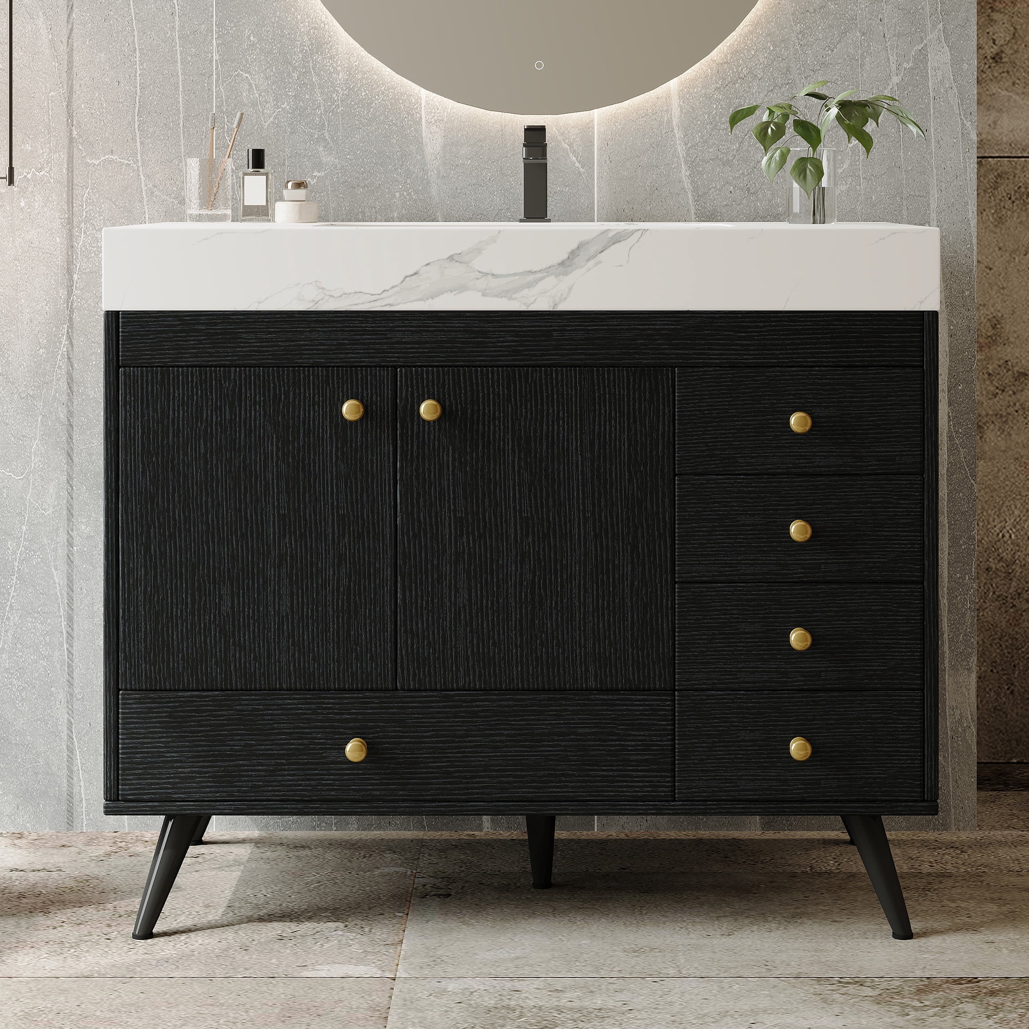 FFZ 36 inch Freestanding Bathroom Vanity Faux Marble Top Ceramic Sink 5 Drawers Stainless Steel Legs