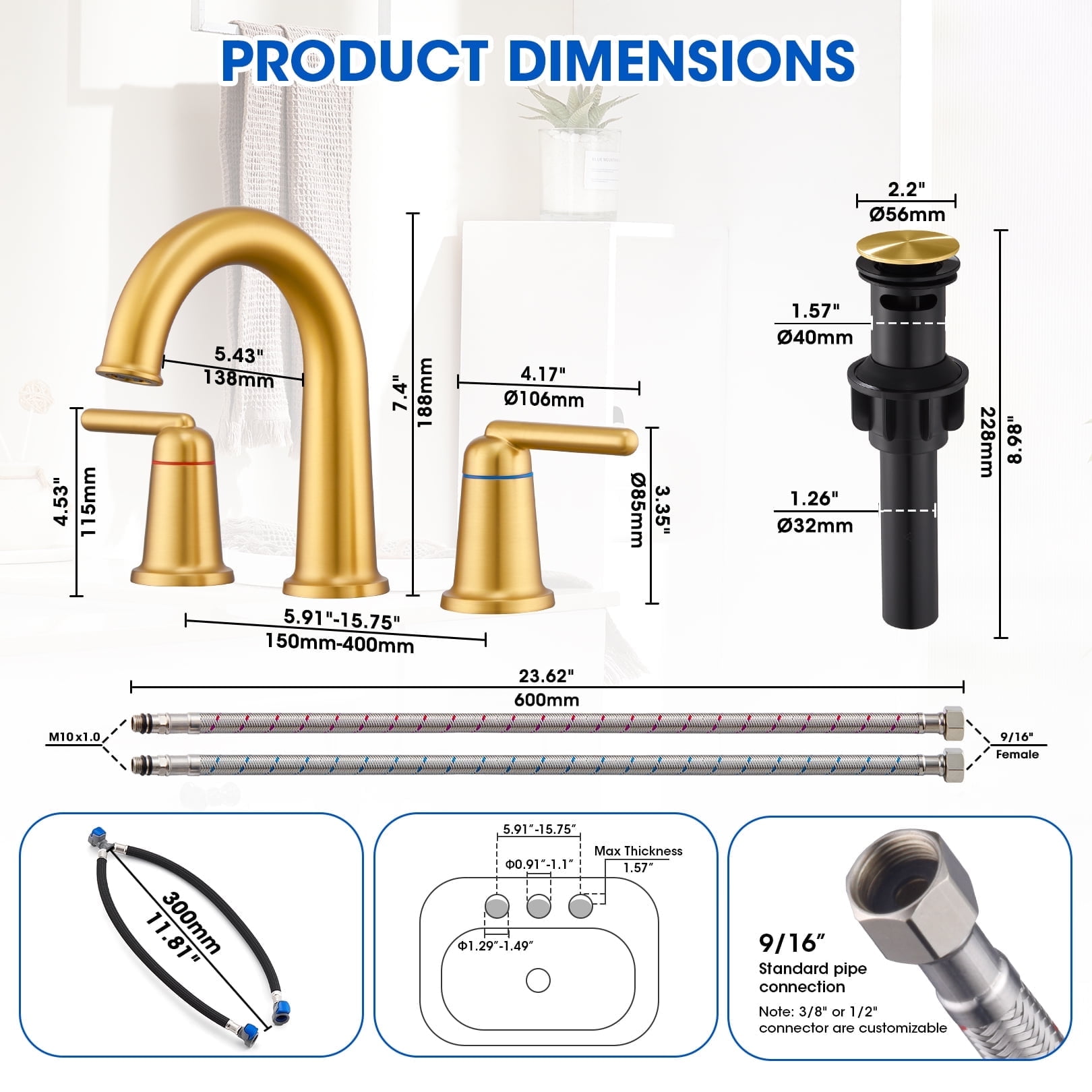 Wowkk Sanitary Ware Brass Bathroom Sink Faucet 2 Handles Widespread Bathroom Faucet 3 Hole, Pop-Up Drain and cUPC Supply Lines Included, Basin Faucets for Vanity Rv Restroom, Brushed Gold