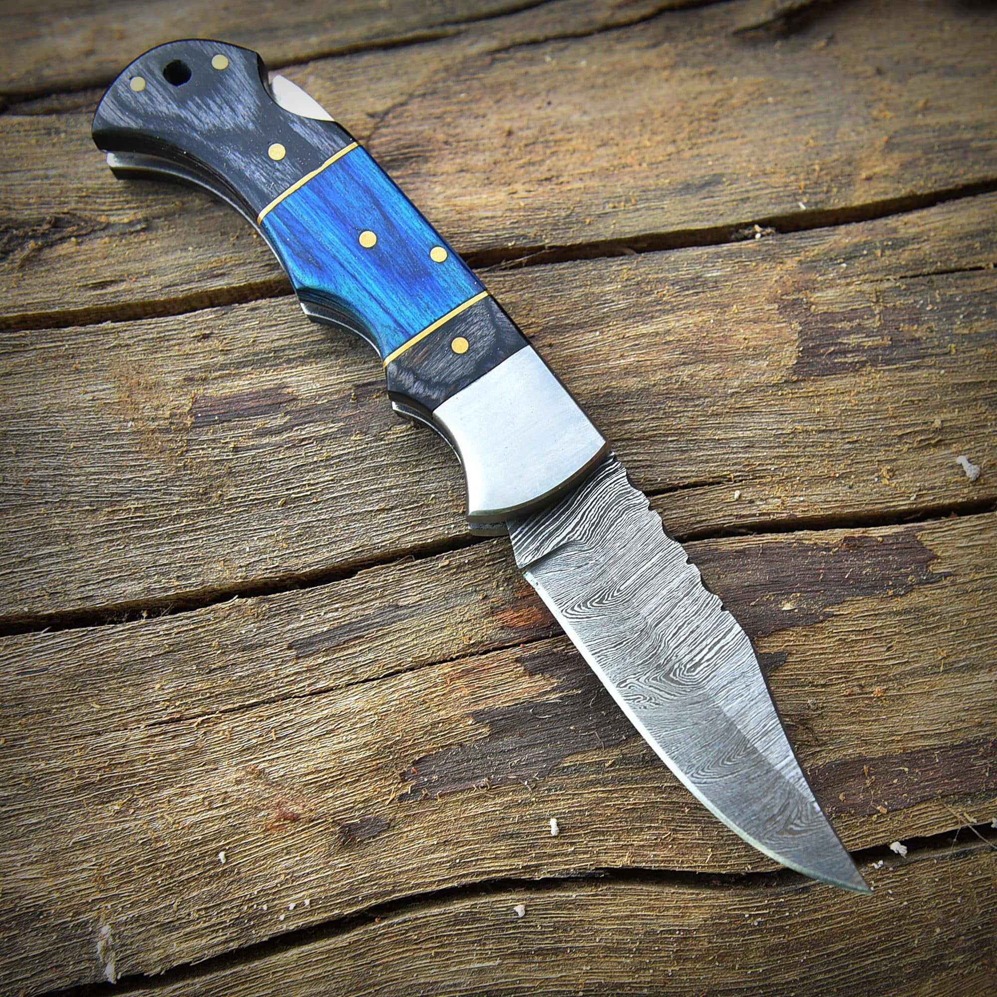 Poshland Damascus Steel Folding Knife – 3'' Blade with Blue Pakka Wood Handle, Ideal for Camping