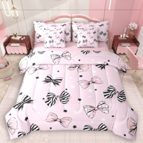 Manfei Polka Dots Bow Twin Bedding Sets 7pcs for Girls, Striped Bowknot Bedding Comforter Set, White Pink Stars Sheet Sets, Breathable Home Decor