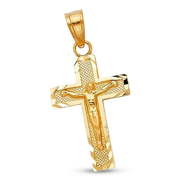 Jesus Crucifix Pendant Solid 14k Yellow Gold Cross Charm Diamond Cut Polished Genuine 20 x 12 mm