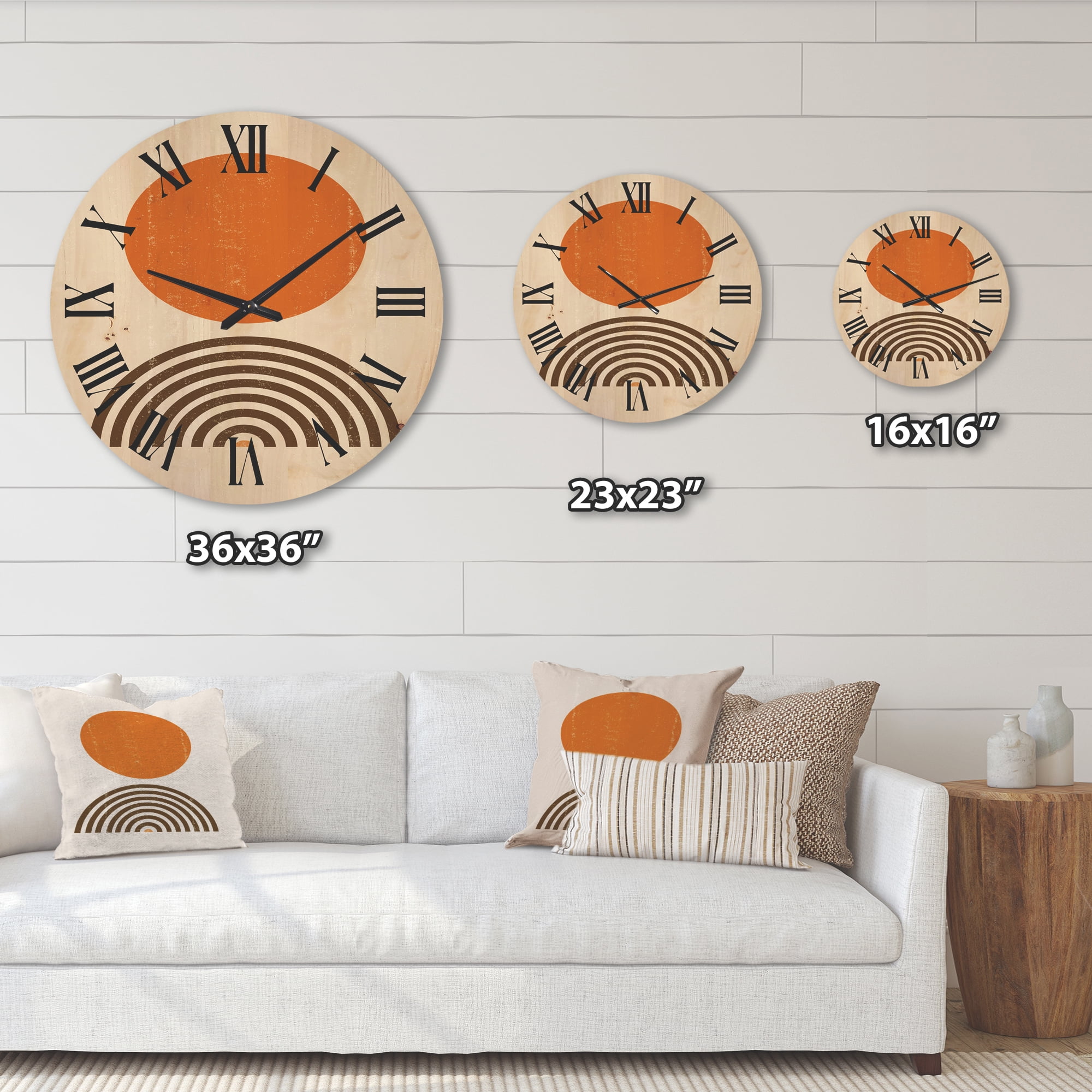 Designart 'Abstract Minimal Rainbow and Orange Sun I' Modern Wood Wall Clock