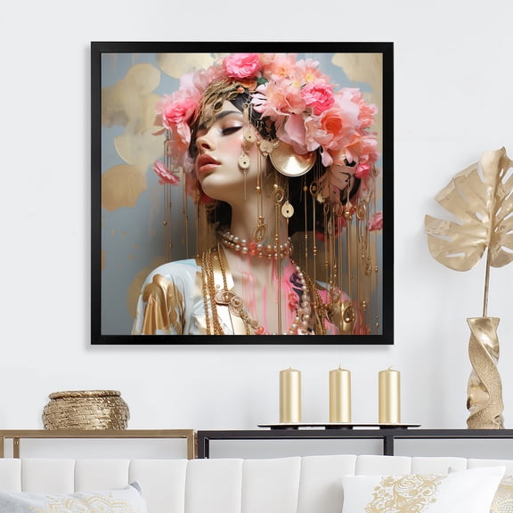 Designart "Glamorous Queen in Pink and Gold I" Fashion Framed Wall Art Decor - Glam Pink Woman Glam Entryway Framed Wall Art