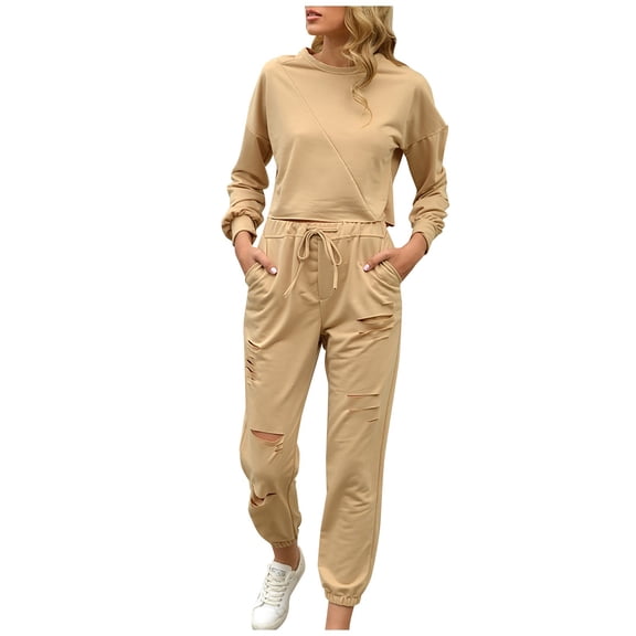 KIHOUT Clearance 2Pc Women Pure Color Suit Long Sleeve Leisure Pocket Home Sweatpants Sets