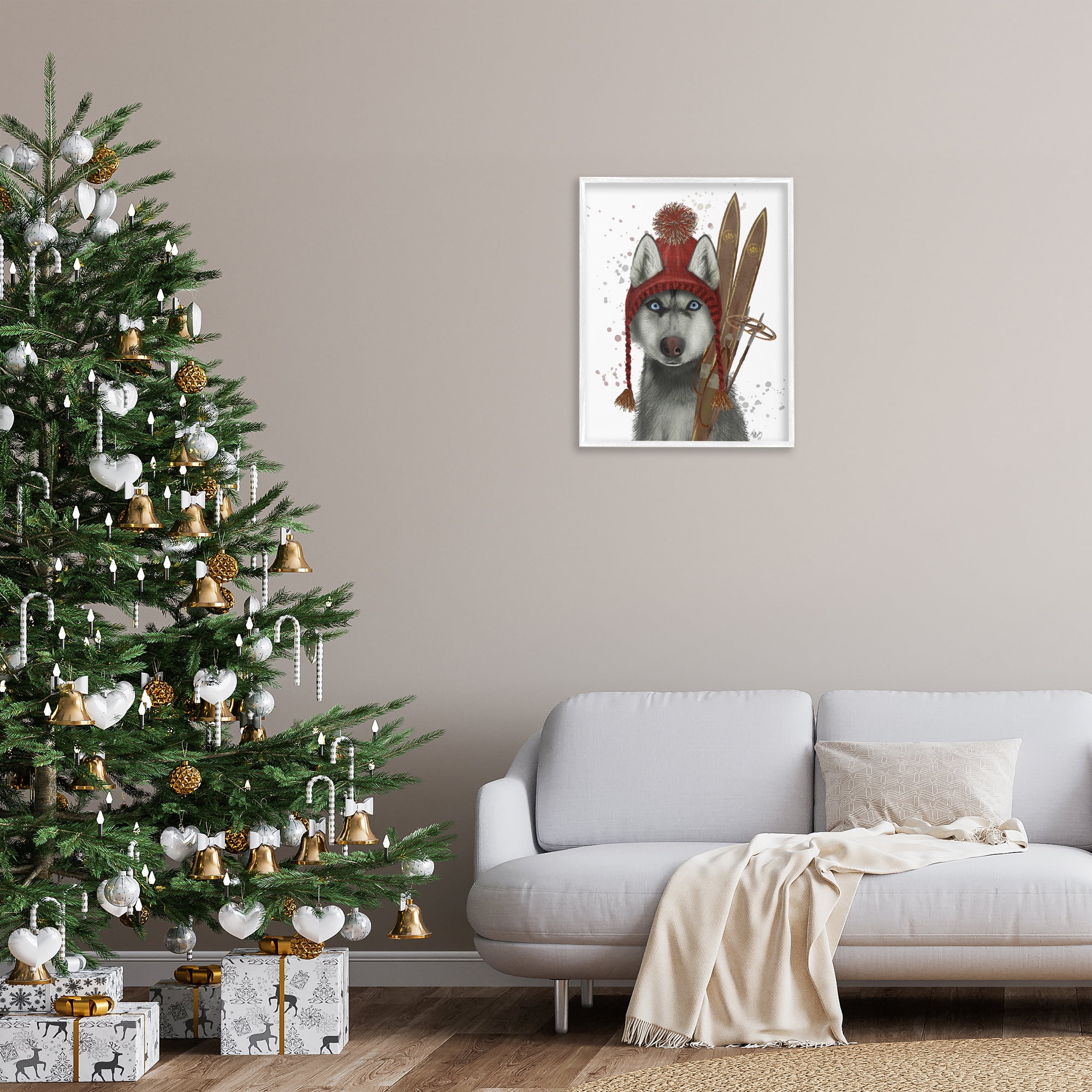 Stupell Industries Husky with Winter Skis Animals & Insects Painting White Framed Art Prints Wall Art, 24 x 30