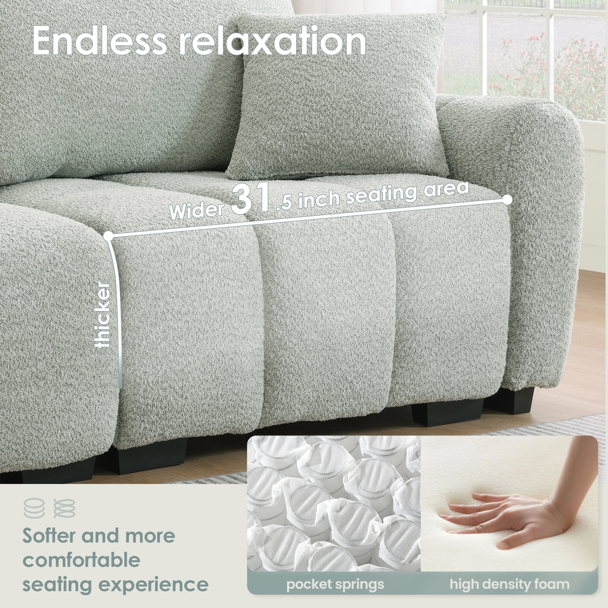 Sectional Sofa, Modular Sofa, L-Shape Couch, Boucle Sofa with Pull-Line Design and Movable Ottoman, Light Green