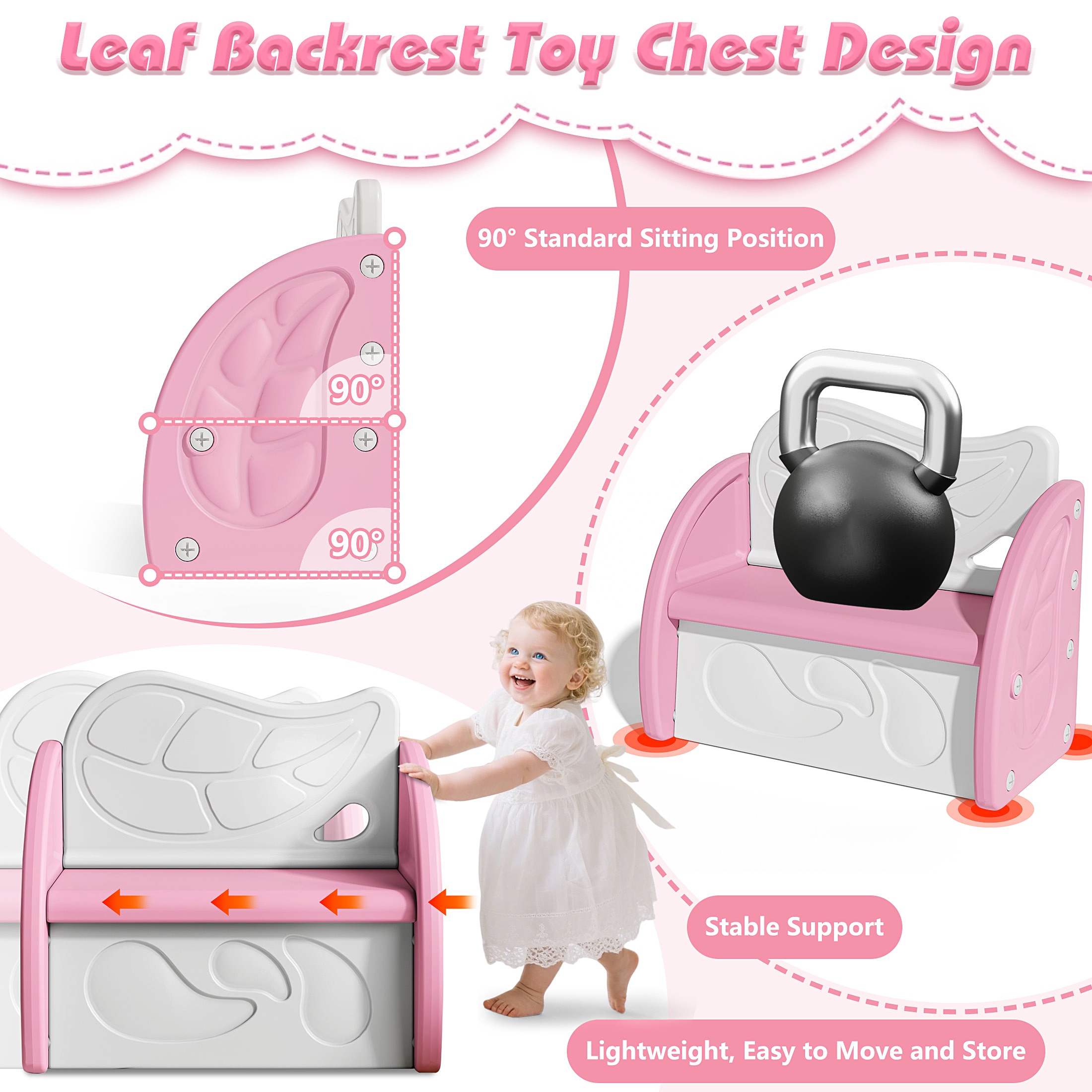 SESSLIFE Toy Box for Boys Girls, Plastic Kids Storage Organizer with Storage Bench and Leaf Backrest, Modern Toy Chest for Living Room, Toddler Room, Bedroom, Support 176 lbs, Pink/Light Grey