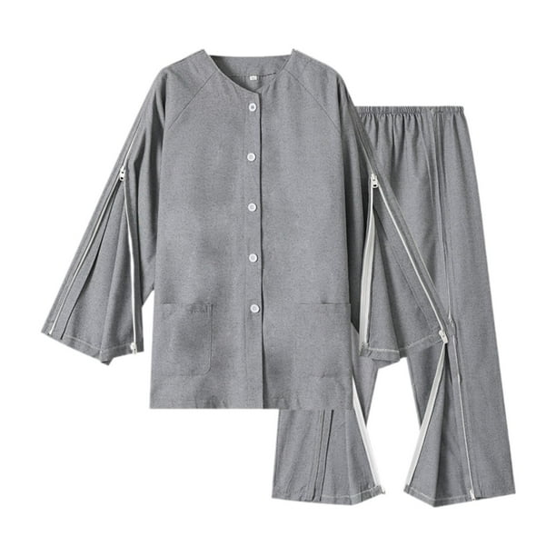 Ropa para pacientes postrados en cama, conjunto gris con cremallera para hombre, pantalones para pacientes con apertura total. XL