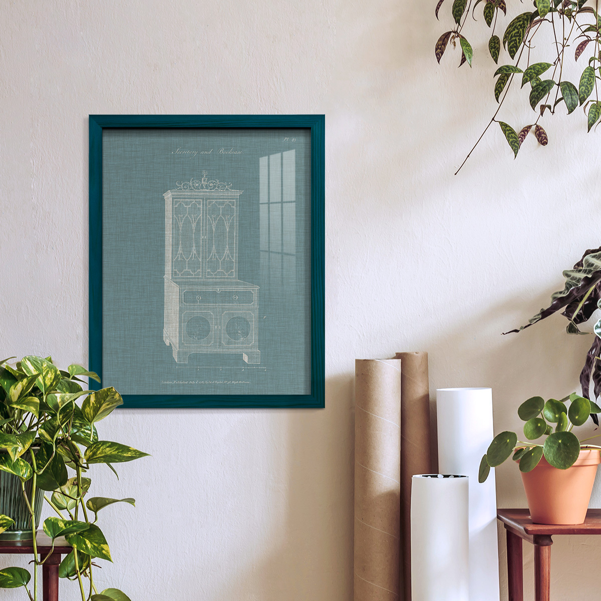Hepplewhite Desk & Bookcase III - Framed Print w/glass - Ocean Blue