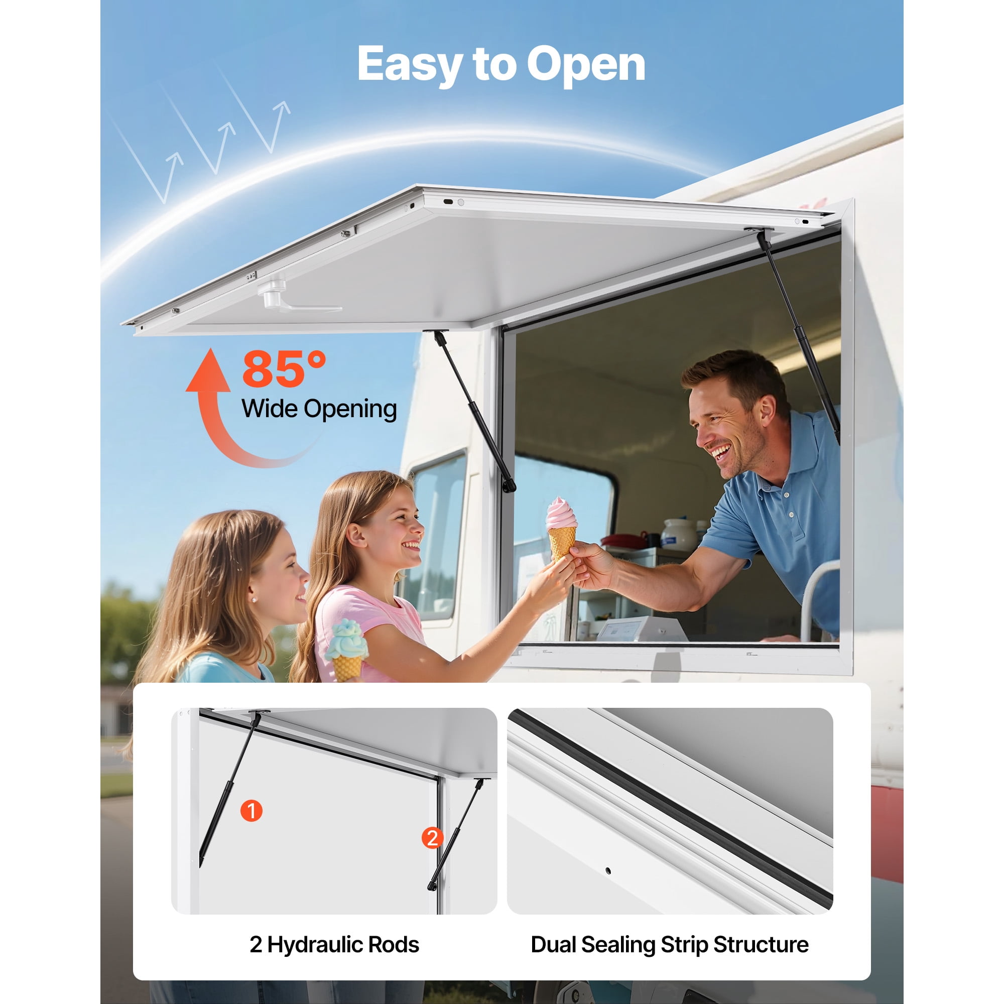 KFFKFF Concession Window 60x36 in, Aluminum Alloy Frame Service Window for Food Trucks, 85-Degree Opening Serving Window with Awning Door and Drag Hook, Water-Resistant Design for Trailers