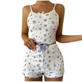 thumbnail image 2 of QUNYINEY Short Sleeve Cute Pjs for Women Bow Floral Crew Neck Camisole Sleepwear Shorts Loose Fit Ribbed Outfits for Women 2 Piece Sets, 2 of 5