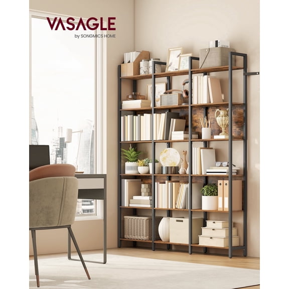 6-Tier Bookshelf, Industrial Bookcase with Steel Frame & Adjustable Feet, 10 kg per Shelf Capacity for Living Room Office, Rustic Brown & Black