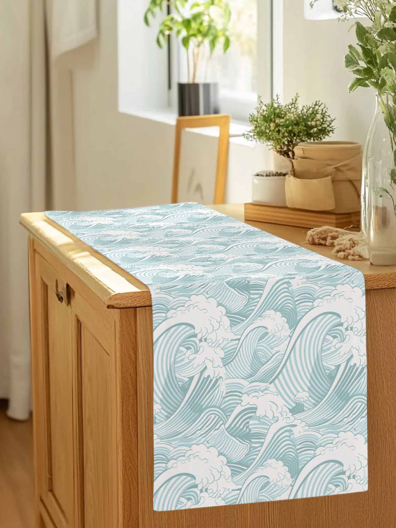 Summer Coastal Abstract Waves Table Runner 90 Inches Long, Modern Minimalist Wavy Table Runners Tabletop Scarf Kitchen Dining Tables Decoration for Home Party Indoor Outdoor