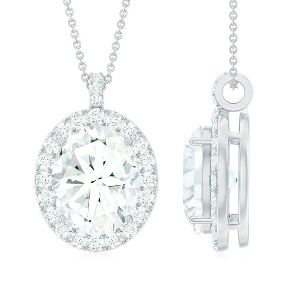 Rosec Jewels Oval Shape Moissanite Pendant Necklace with Halo for Women - D-VS1 Grade, 925 Sterling Silver