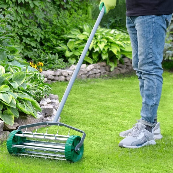 Spike Lawn Aerator, Heavy Duty Rolling Lawn Aerator, Garden Yard Rotary Push Lawn Aeration with 49inch Steel Handle