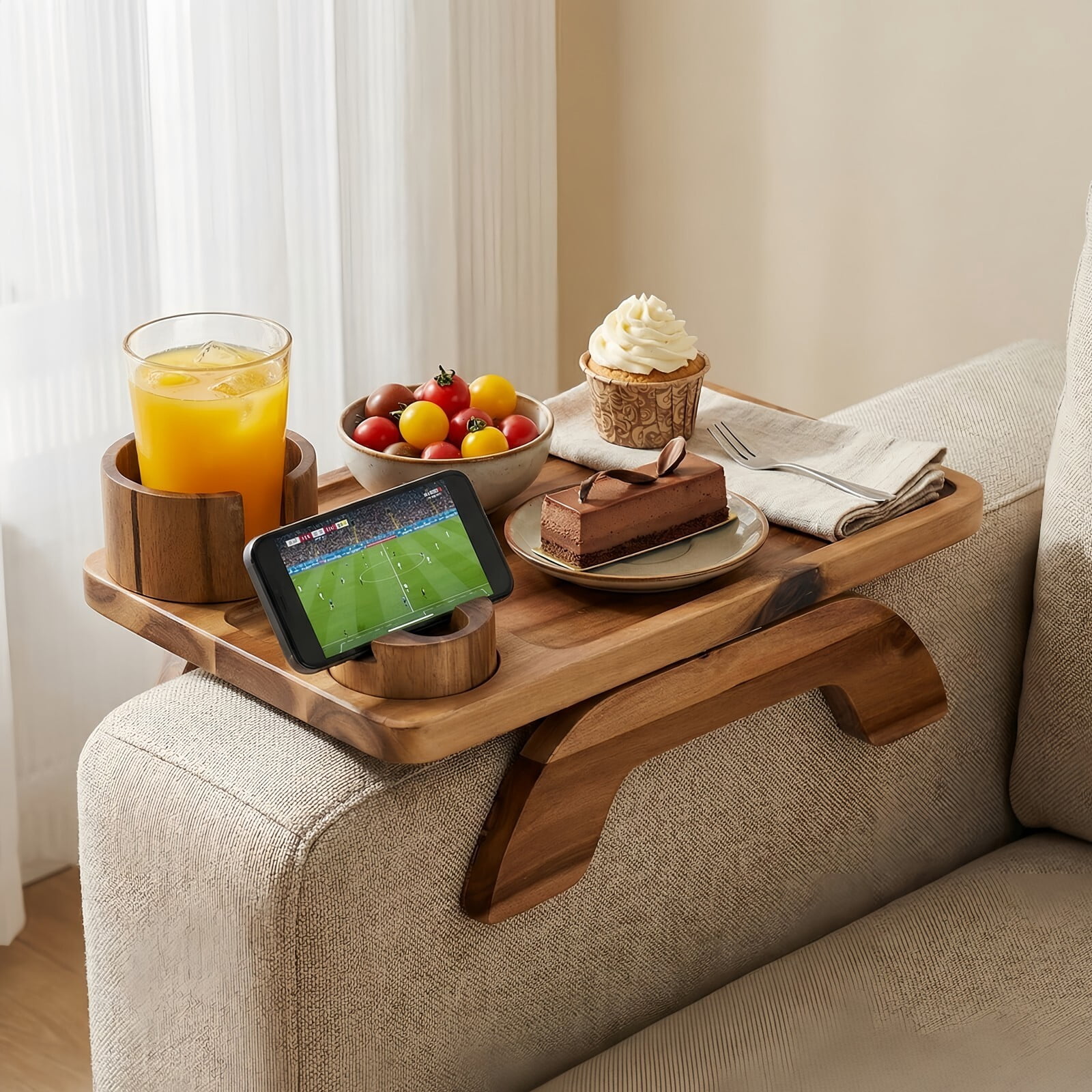 Kelno Couch Armrest Tray 3 in 1 Sofa Arm Tray Table with Swivel Cup Holder Phone Stand, Acacia