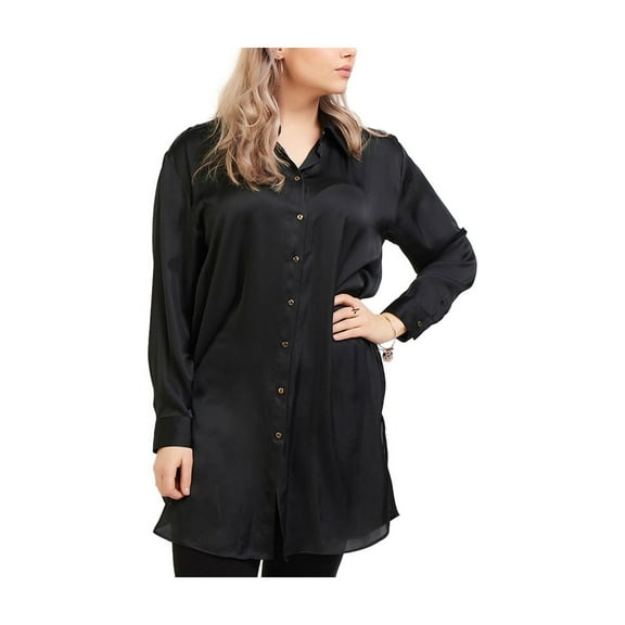 BLACK TAPE Womens Black Stretch Slitted Pleated Cuffed Sleeve Point Collar Wear To Work Tunic Top Plus X