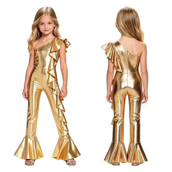 TiaoBug Girls Party Holiday Jumpsuit Ruffle Flare Bell Bottom Pants Prom Dress Trendy Romper Bodysuit Gold 6