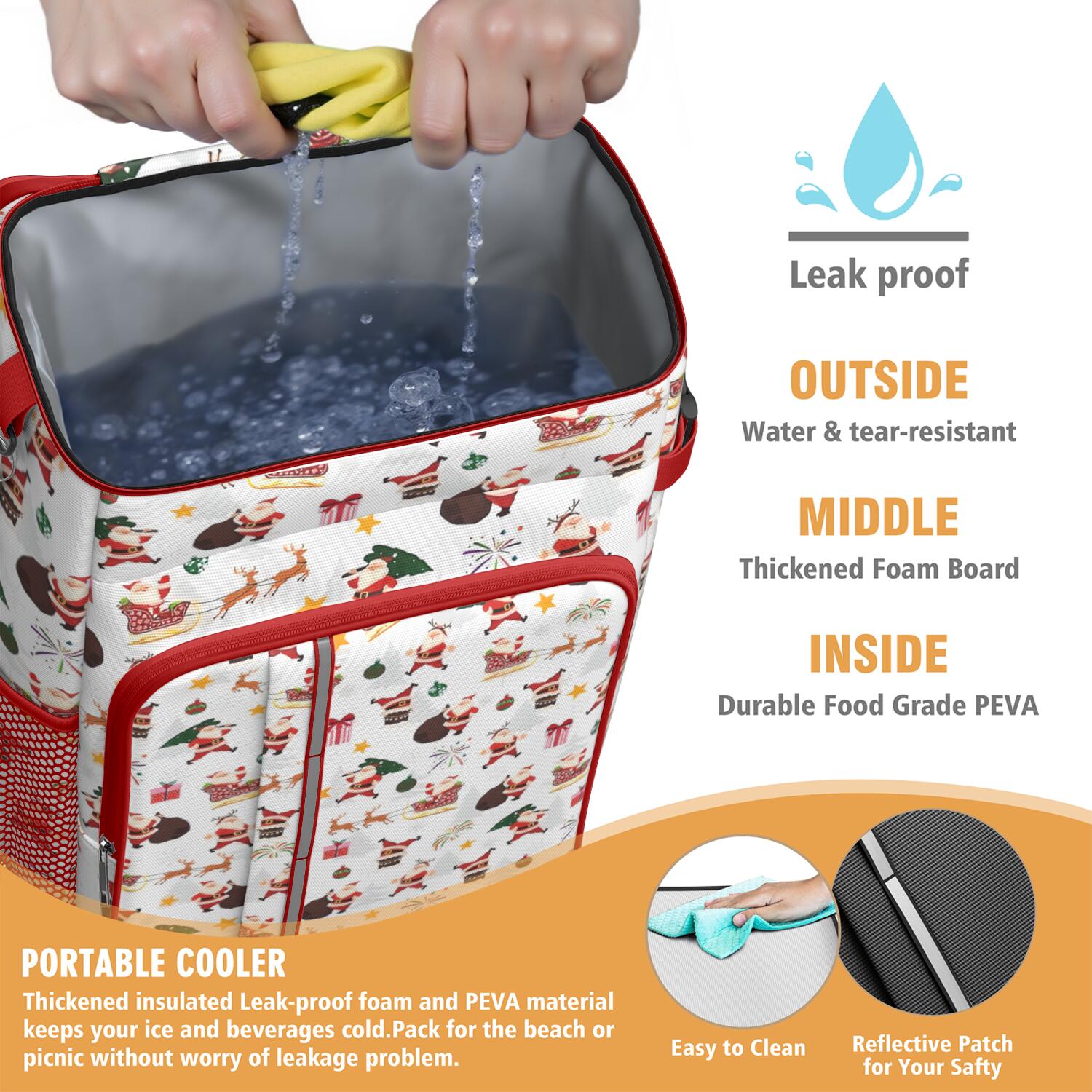 Travel Cooler Bag - White Christmas Santa Pattern Camping Beer Cooler Backpack with Bottle Opener- Waterproof Insulated Picnic Backpacks - Cooler Bag for Beach