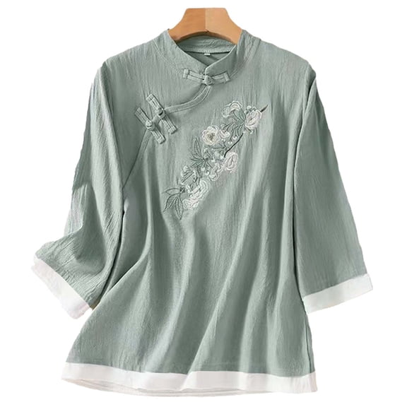 thefmos Women's Mandarin Collar Embroidered Blouse 3/4 Sleeve Solid Color Casual Top Trendy Spring Fall Outfit, Green 2XL