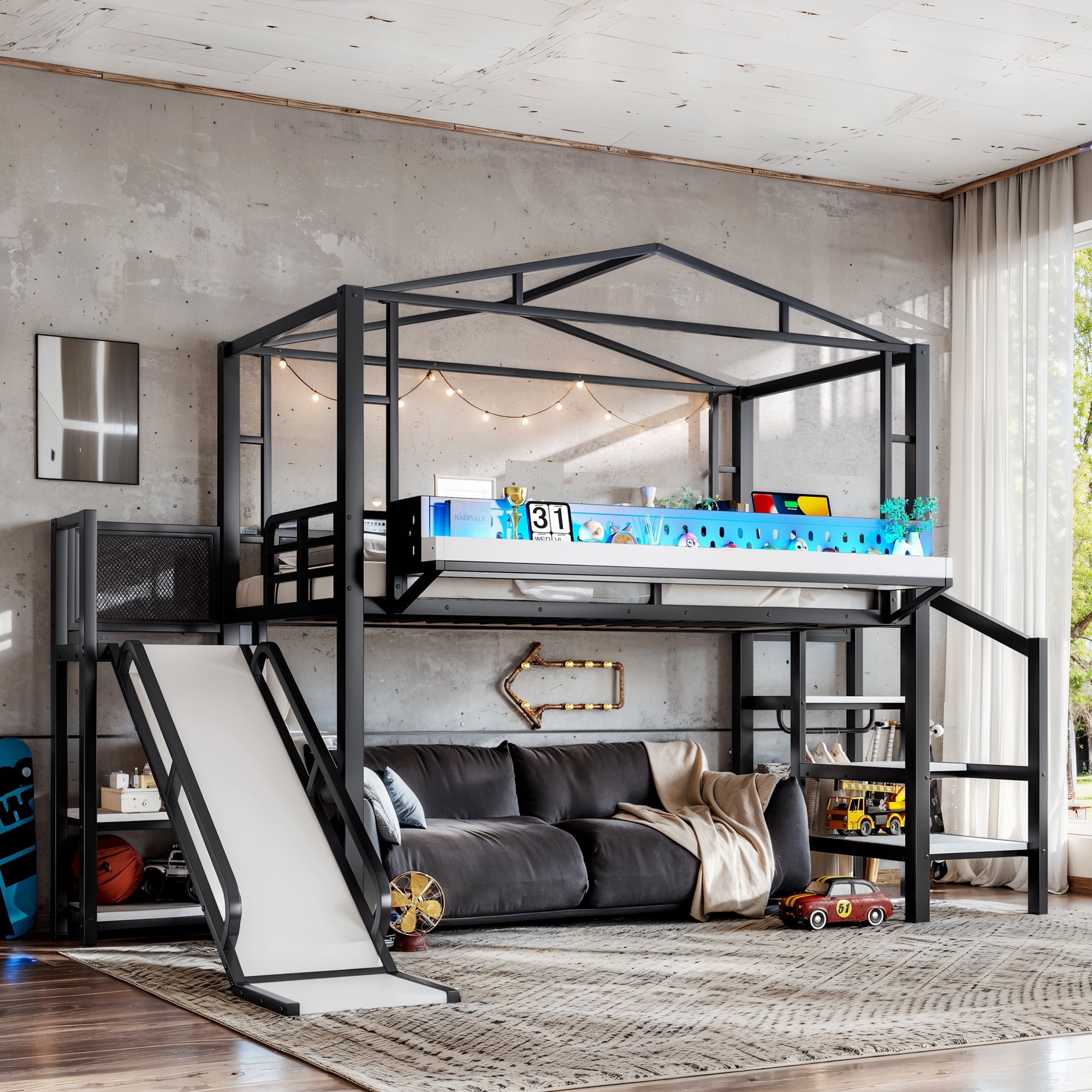 Mintazer Twin Size Kids Metal House Loft Bed with Slide & Wardrobe, Metal Loft Bed Frame with LED Lights & Storage Stairs, Black