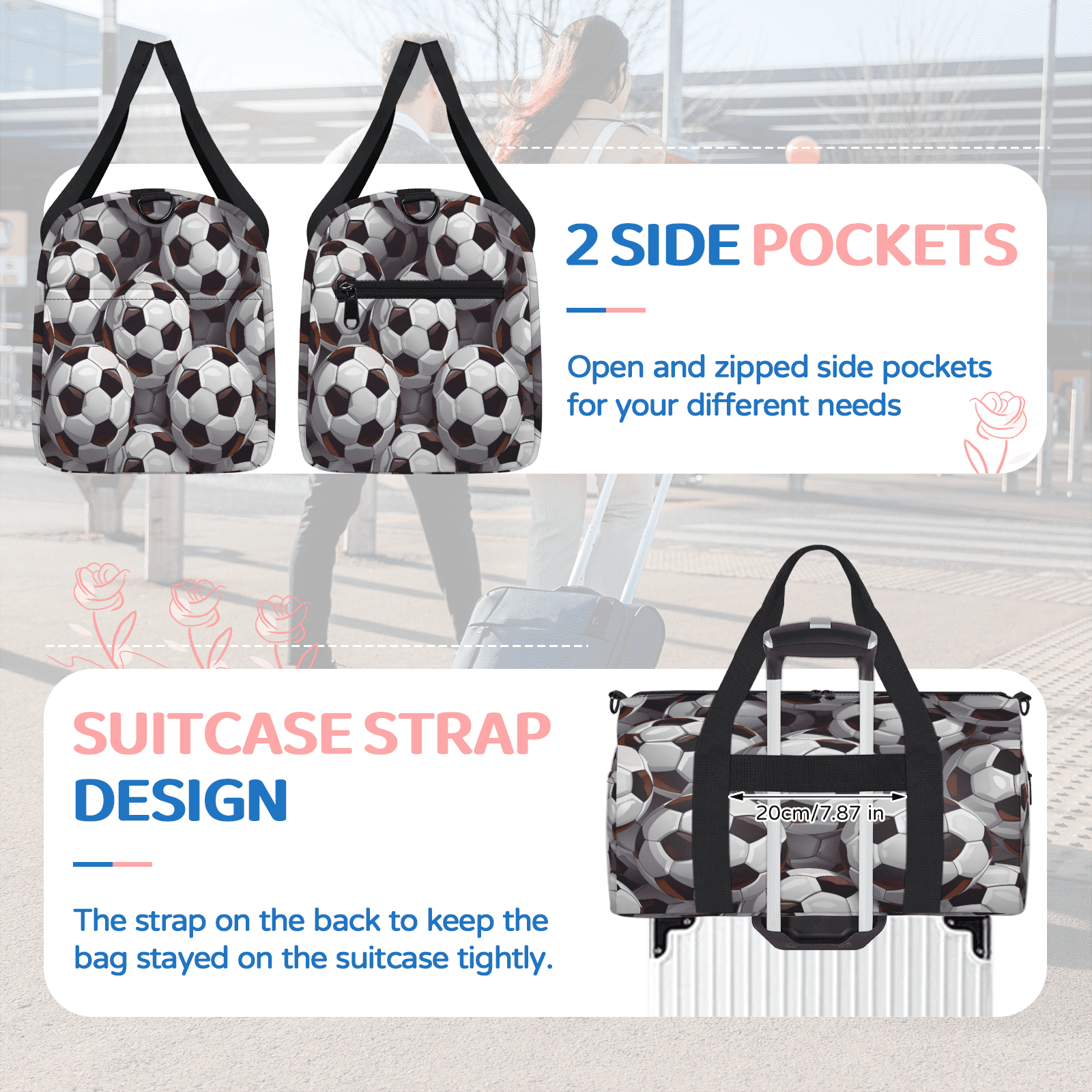 Herdesigns Soccer Ball Football Gym Bag for Women, Duffle Bag for Travel Sport, Lightweight Waterproof Carry on Weekender Overnight Dance Yoga Workout Bags
