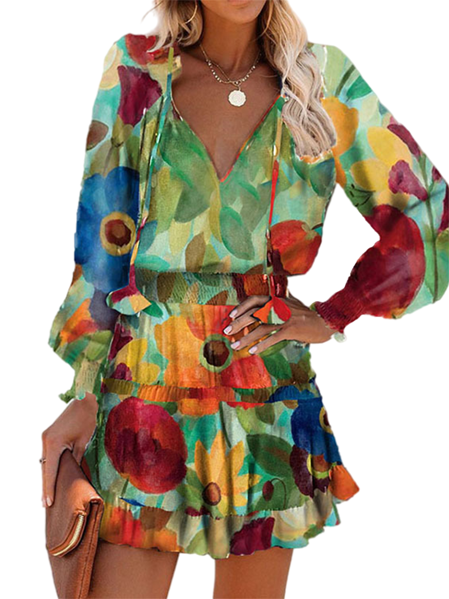 Long Sleeve Floral Boho Mini Dress 