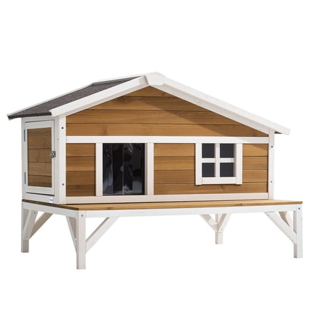 Insulated Cat House All-Around Foam Insulation Elevated Cat Shelter Wooden Feral Kitty Shelter with Large Platform Waterproof Cats Condos for Indoor & Outdoor Cats in Winter 43.5x33.5x31 in