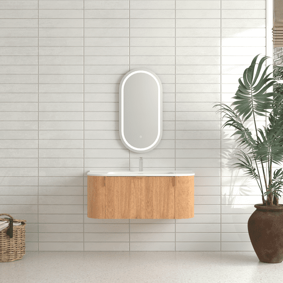 36" Bathroom Vanity, Solid Wood Wall-Mounted Floating Curved Edges Striped Bathroom Large Storage Cabinet with 2 Side Drawers, White Ceramic Basin without Faucet, Pre-assembled, Walnut Color