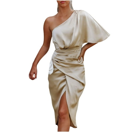

Charella Fashion Women s Elegant Sexy One Shoulder Irregular Dress Solid Color Skirt Dress Beige L