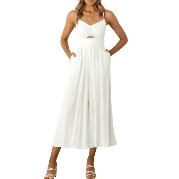 Women's Summer Casual Spaghetti Straps Sleeveless V Neck Cutout High Waist Wide Leg Jumpsuits Rompers with Pockets