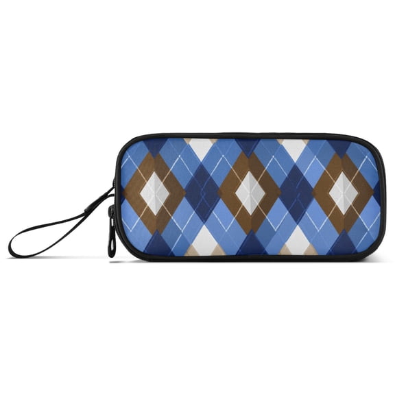 Blue Brown Argyle Style Pattern Plaids Pencil Case Stationary Holder Pen Bag Pencil Pouch Tool Organizer 3 Compartments