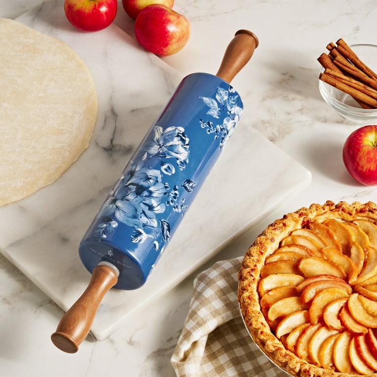 The Pioneer Woman Ceramic Rolling Pin with Olivewood Handles, Blue