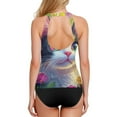 thumbnail image 2 of Women's Printed Tankini Top - High Elasticity Slim-Fit Swimsuit with Removable Straps & Cups, Perfect for Beach & Pool Parties，A Cute Calico Cat, 2 of 7