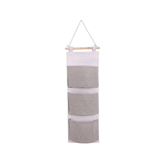 Homellea Fabric Wall Hanging Organizer with 3 Pockets, 7.87 x 22.05 Inch Striped Storage Bag with Wooden Rod and Rope for Bedroom, Bathroom, Closet, Office, Dorm and Small Item Storage