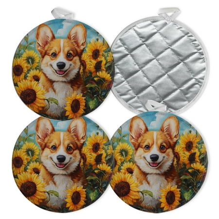 

4 PCS Pot Holders for Kitchen Potholders Sets with Hook for Oven Cooking Baking Corgi Amidst Sunflowers In Oil