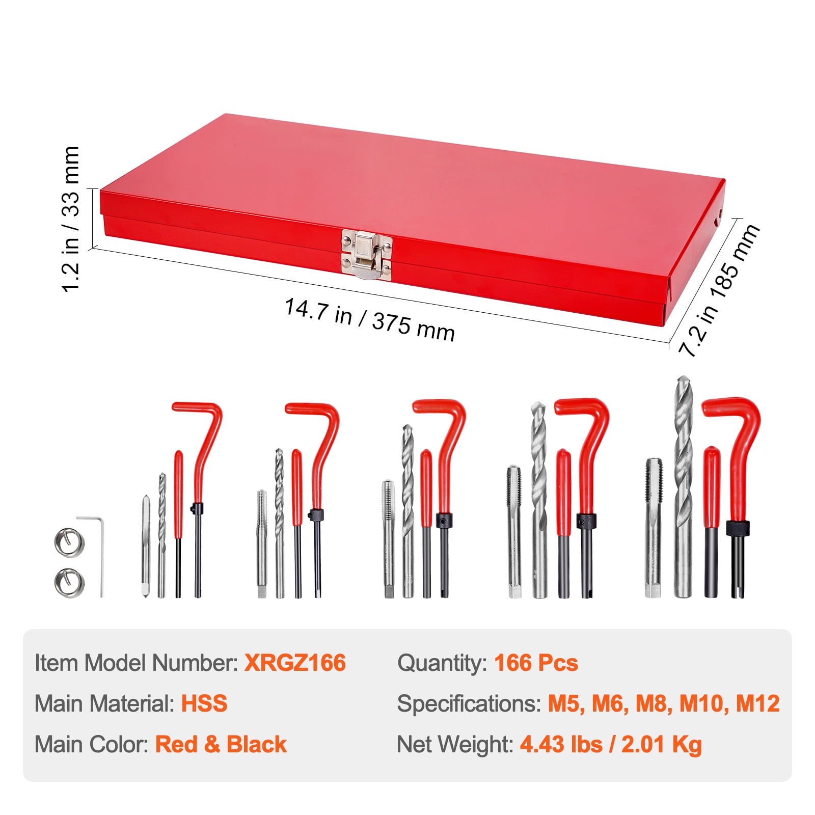 KFFKFF Metric Thread Repair Set, 166-Pcs, Includes M5-M12 Sizes, HSS Drills, Coil Inserts, Taps, and Tools for Rethreading