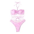 thumbnail image 2 of Neinkie Ensemble de Bikini Frais, Haut Licou Ajouré, Bretelles Ajustables, Soutien-Gorge à Imprimé Rayé, Taille Haute, String, Maillot de Bain pour Piscine, 2 of 7