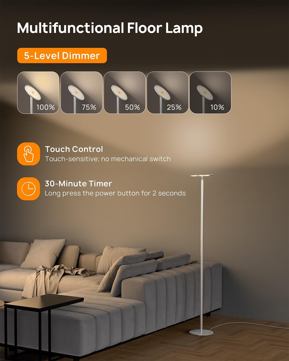 TROND LED Torchiere Floor Lamp, Dimmable 30W, 3000K Warm White, 71 inch Tall, 30-Minute Timer, Silver