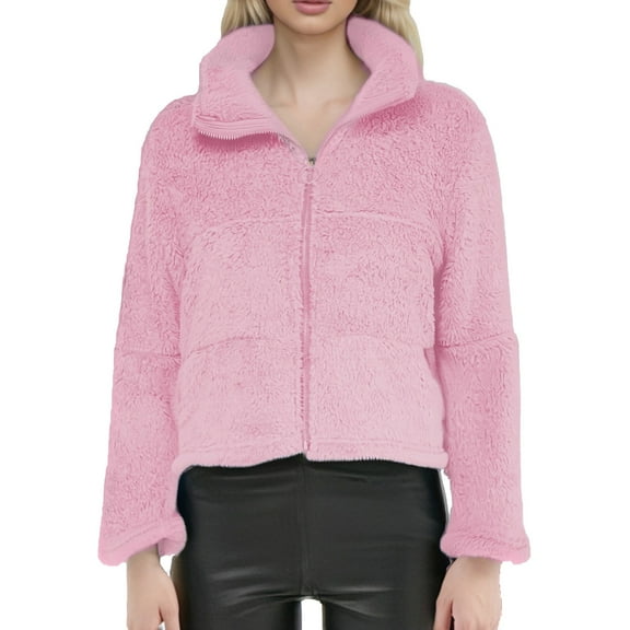Women's Oversized Teddy Zip Up Thermal Crop Jacket with Long Sleeve Cozy Winter Coat