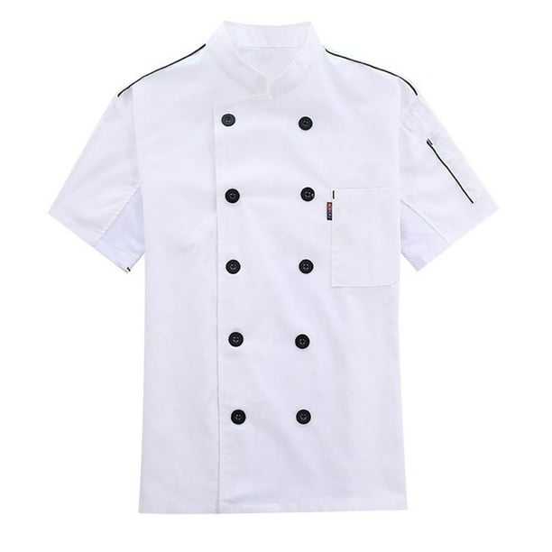 Chaqueta de chef unisex: manga larga con botones rojos en contraste, 35 % algodón y 65 % poliéster, duradera y transpirable para uso en la cocina.