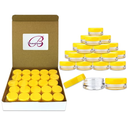 Beauticom 200 Pieces High Quality 3 Gram 3 ml (0.1 oz) Plastic Round Cosmetic Beauty Makeup Sample Jars (Yellow Lid)