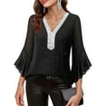 thumbnail image 4 of Pxkloy Sequin Tops for Women Party Night Casual Work Shirts 3/4 Ruffle Sleeve V Neck Blouses Mesh Fall Fashion Outfits Black,S, 4 of 7
