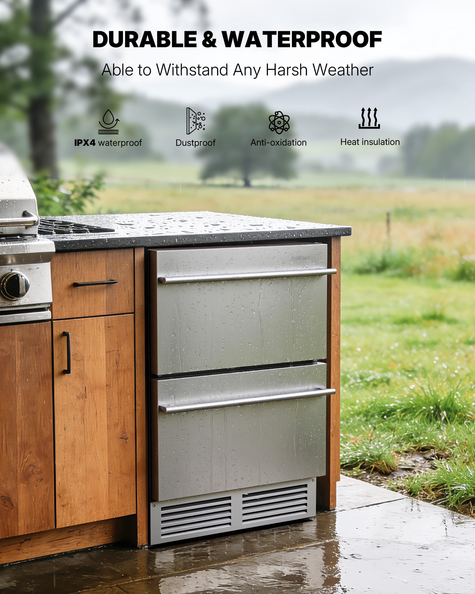 Upstreman 24 Inch Double Drawer Refrigerator, Under Counter Beverage Refrigerator Stainless Steel Outdoor Refrigerator Wine Cooler Fridge, Built-in or Freestanding, BR50D