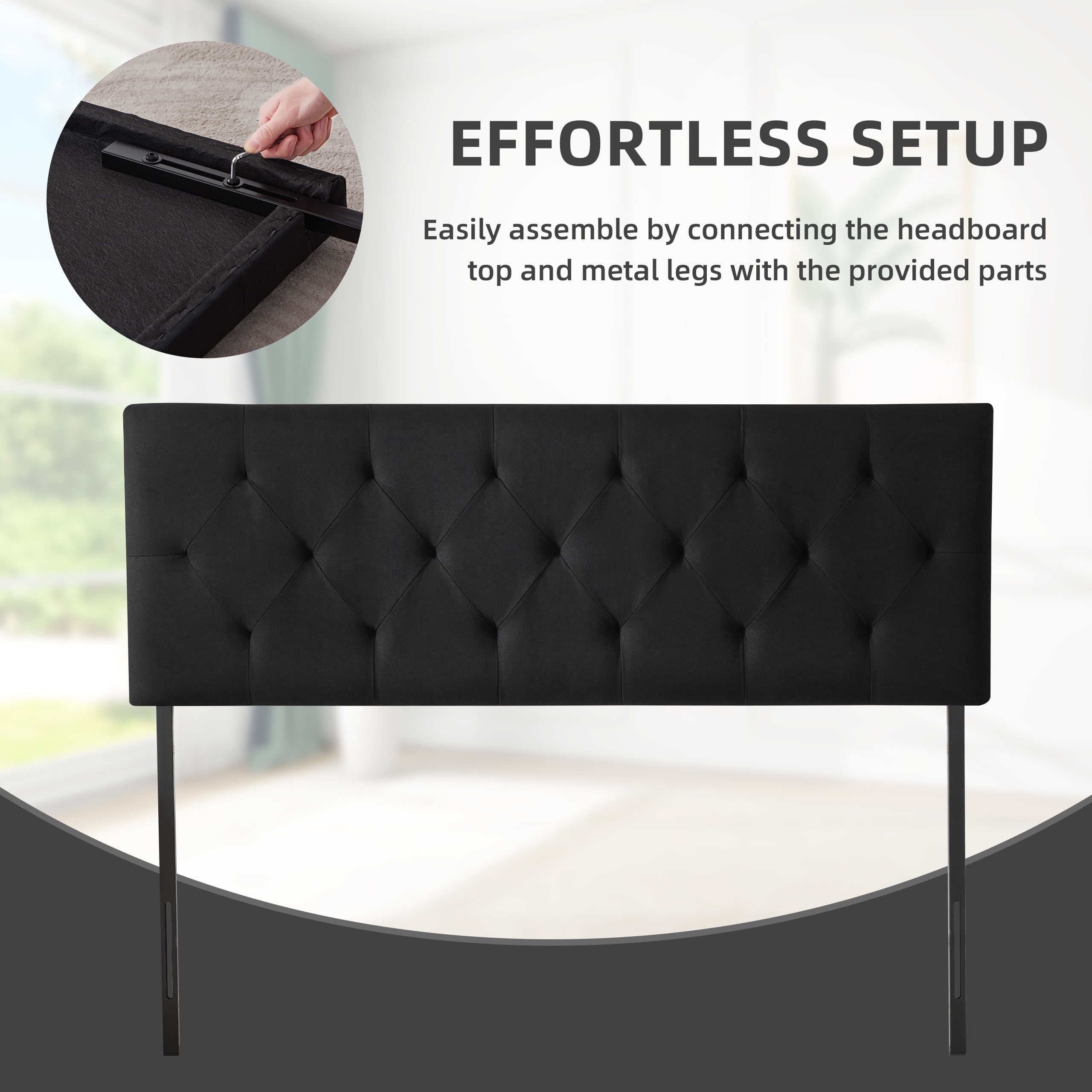 Linen Upholstered Headboard Twin Size, Diamond Tufting Solid Wood Twin XL Headboard Only, Adjustable Height from 37” to 51” Head Board, Dorm Bed Frame or Wall Mount Headboards, Black
