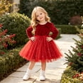 thumbnail image 2 of Girls Christmas Velvet Dresses with Star Print Long Sleeve Crew Neck Cute A-Line Tulle Dress for Holiday, 2 of 9