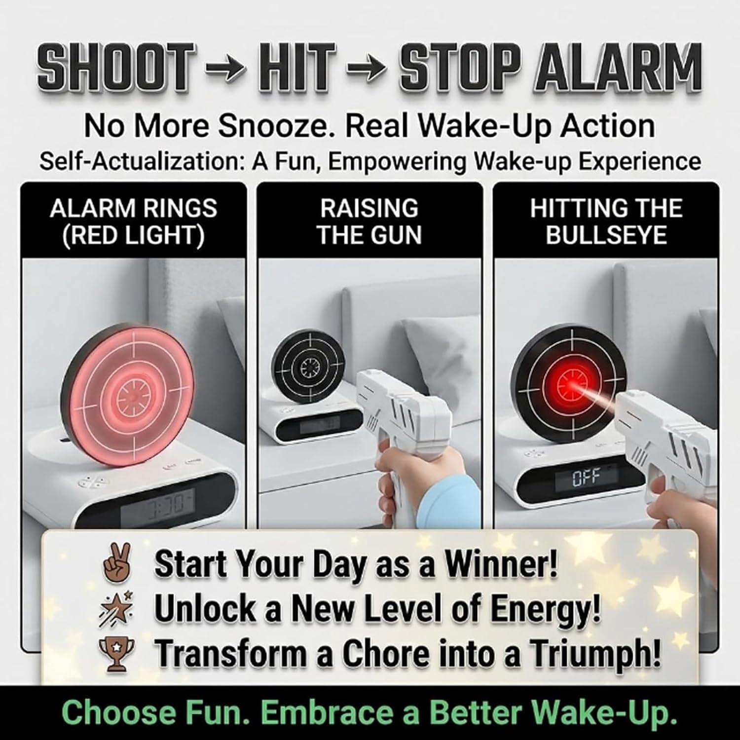 Gun and Target Alarm Clock, Interactive Shooting Game Wake-Up Clock, Digital Shot Timer with 2 Alarm Modes & LED Display, Personalized Runaway Clock for Heavy Sleepers Bedroom Home (Black)