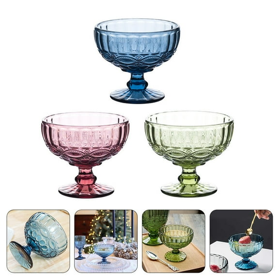 Soimiss Elegant Ice Cream Glass Cup Assorted Color Thickened Glass Multi-Function 3Pcs