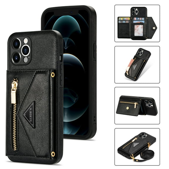 Nalacover for iPhone 13 Pro Zipper Wallet Case,Luxury Premium PU Leather Back Soft TPU Magnetic Buckle Flip Card Pocket Shockproof Slim Cover with Adjustable Crossbody Shoulder Strap,Black