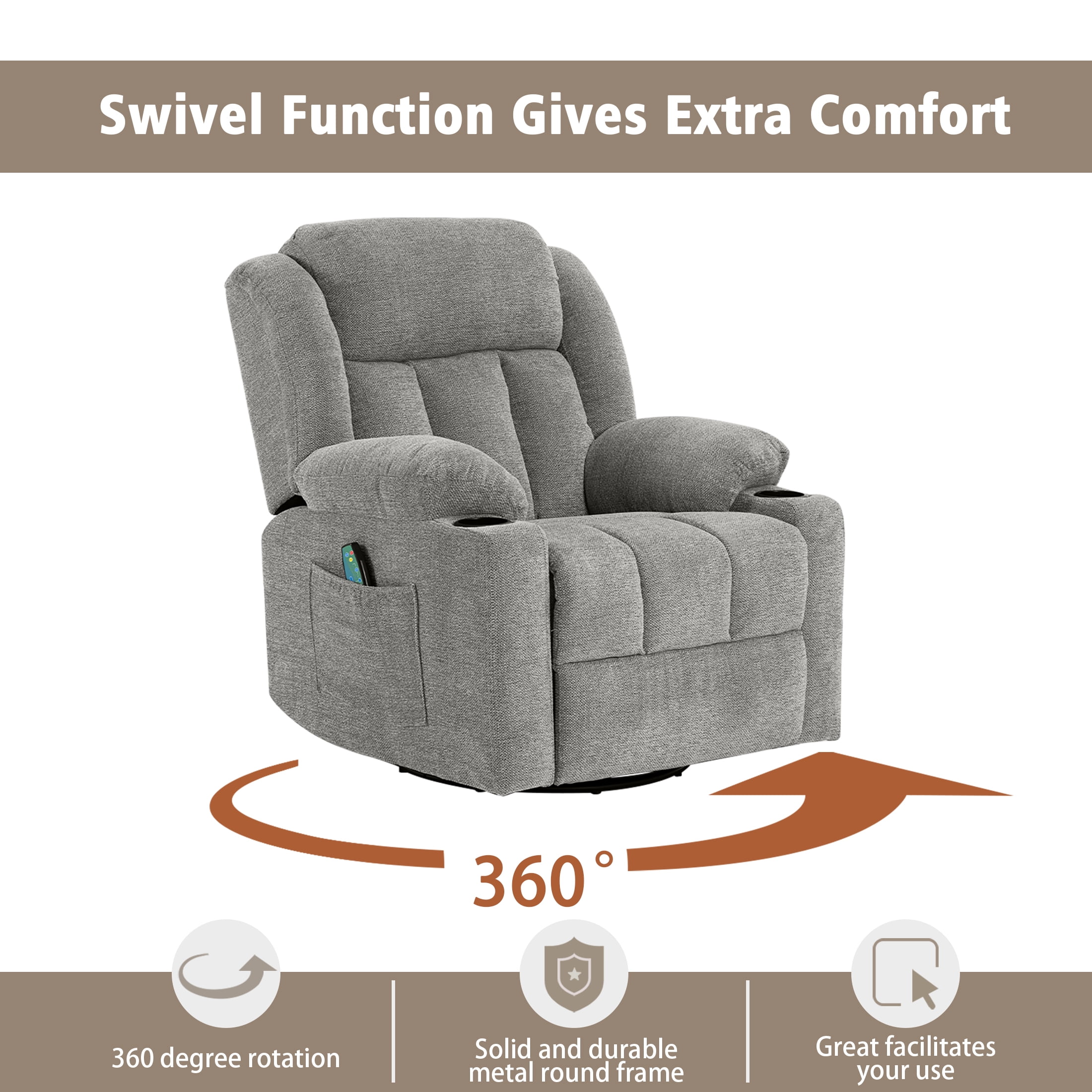 Sfxingyou Adult Fabric Solid Print Recliner Chair with Massage and Heat, Gray